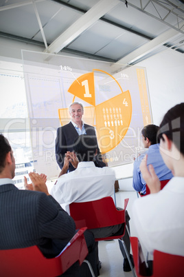 Business people clapping stakeholder standing in front of yellow