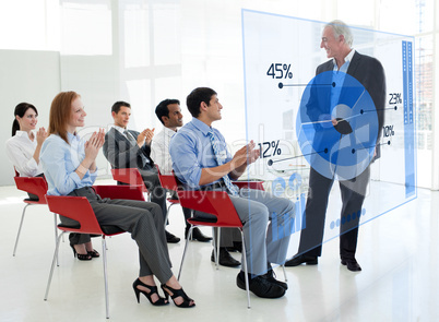 Business people clapping stakeholder standing in front of blue p