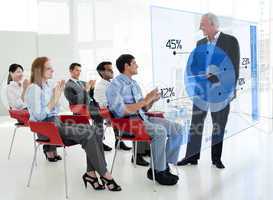 Business people clapping stakeholder standing in front of blue p