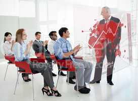 Business people clapping stakeholder standing in front of red ma