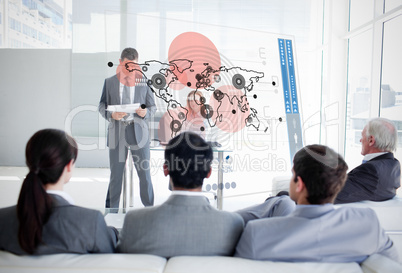 Business people listening and looking at map diagram interface