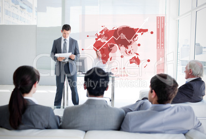Business people listening and looking at red map diagram interfa