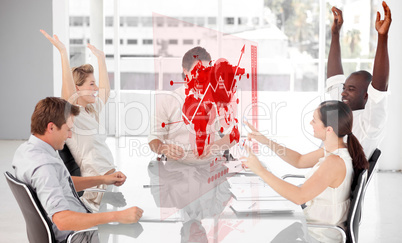 Cheerful business workers using red map diagram interface