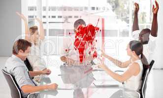 Cheerful business workers using red map diagram interface