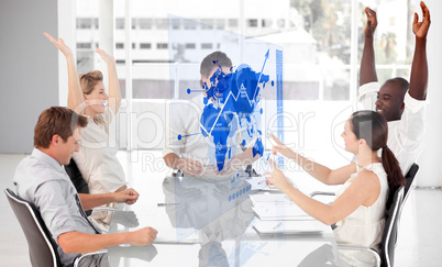 Cheerful business workers using blue map diagram interface
