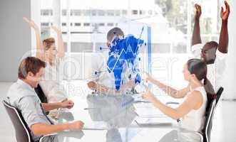 Cheerful business workers using blue map diagram interface