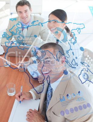 Overview of cheerful colleagues looking at blue map interface