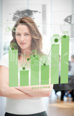 Confident blonde businesswoman using green chart interface