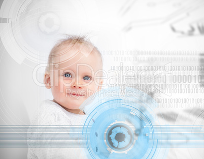 Portrait of a cute baby in the middle of futuristic interface