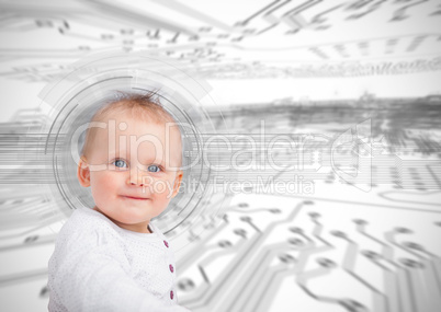 Portrait of a cute baby over futuristic interface