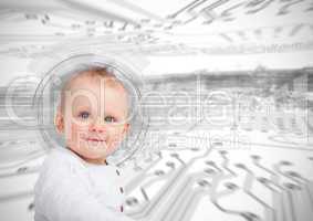 Portrait of a cute baby over futuristic interface