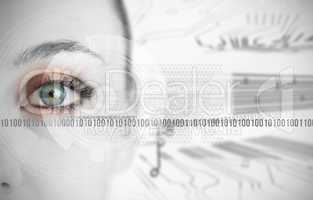 Eye of woman next to binary codes close up