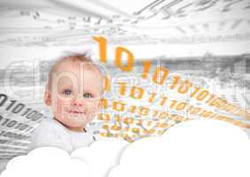 Portrait of a cute baby over clouds and futuristic background