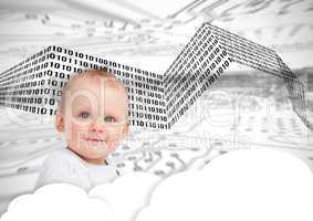 Portrait of a cute baby over clouds and binary codes