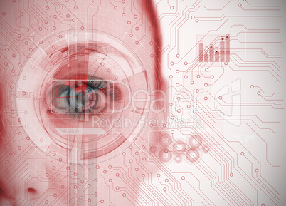 Close up of woman eye analyzing chart interface with circuit boa