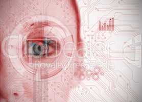 Close up of woman eye analyzing chart interface with circuit boa