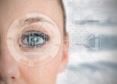Close up of woman eye analyzing charts