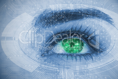 Close up of woman eye over futuristic interface