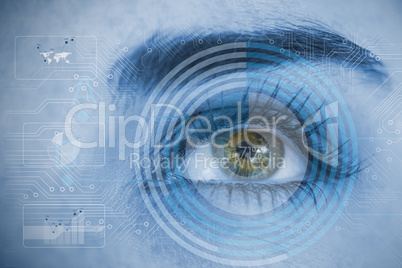 Close up of woman eye analyzing circuit board and chart interfac