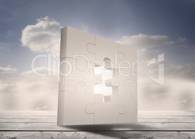 Jigsaw puzzle unfinished standing on floorboards in the sky