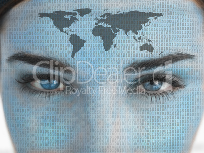 Attractive blue eyed woman with binary coding and map on face