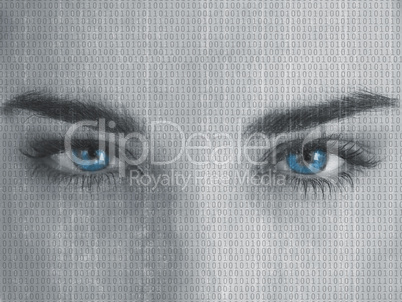 Attractive blue eyed woman with binary code on face