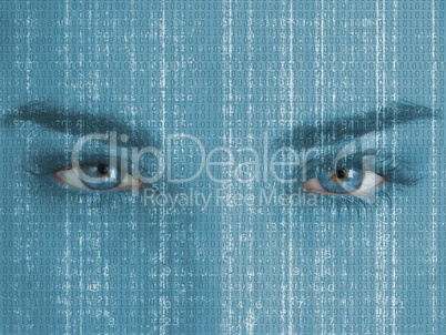 Attractive blue eyed woman with matrix on face