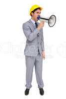 Young architect yelling with a megaphone