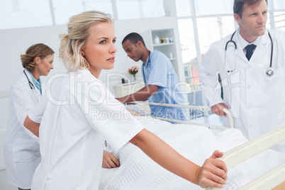 Serious doctors about to walk with patient bed