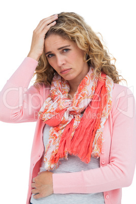 Woman having both headache and belly pain