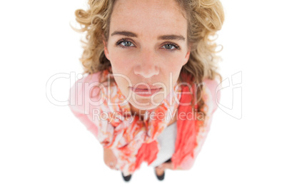 Overhead of cheerful woman standing