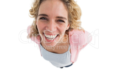 Overhead of cheerful woman standing