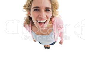 Overhead of laughing woman standing