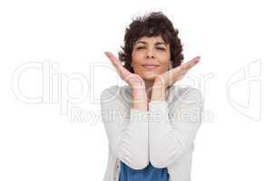 Woman gesturing in front of the camera