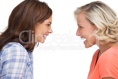 Two friends looking to each other and laughing