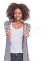 Cheerful woman giving thumbs up