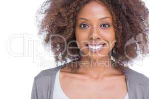 Cheerful brunette woman standing