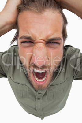 Overhead angle of shouting man