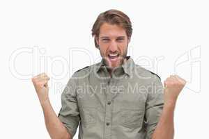 Man cheering and smiling