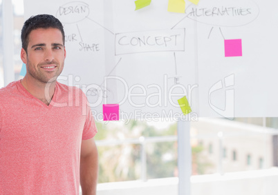 Happy man standing in front of whiteboard