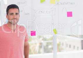 Happy man standing in front of whiteboard