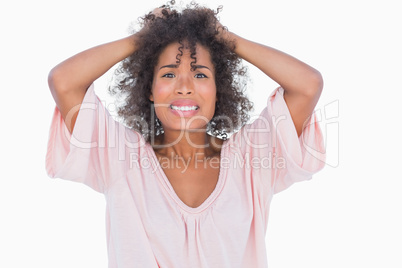 Stressed woman pulling her hair