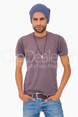 Serious man wearing beanie hat