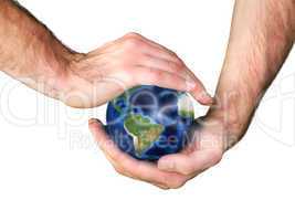 Male hands holding the earth