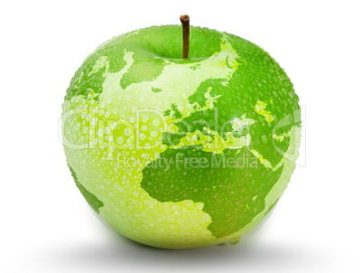 Green apple representing earth with drops on it