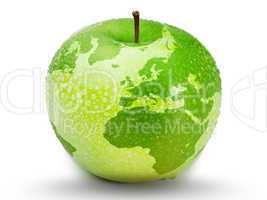 Green apple representing earth with drops on it