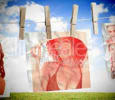 Pictures of woman hung on a laundry line