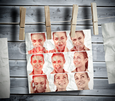 Pegs hanging pictures showing woman gesturing
