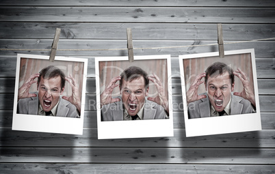 Three instant photos of an angry businessman