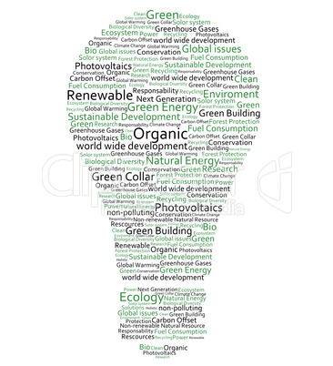 Various green words forming a light bulb
